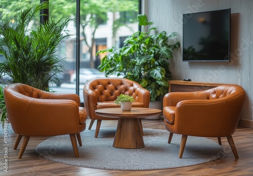 Modern Indoor Space with Comfortable Leather Armchairs, Indoor Plants, and a Large Window Overlooking a Green View