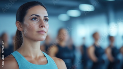 Free Download Personalized Fitness Coaching. Focused woman in fitness class with participants in background. - GFXLoad