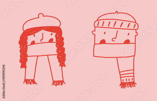 Cute characters of boy and girl in scarf and hat, hand drawn doodle style, vector illustration. Funny winter people, great for Christmas designs.