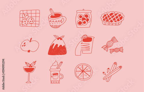 Set of Christmas food and drinks in hand drawn doodle style, vector illustration. Concepts of winter holidays. Cookies, pie, pudding, candy, cocoa drink, cinnamon sticks.