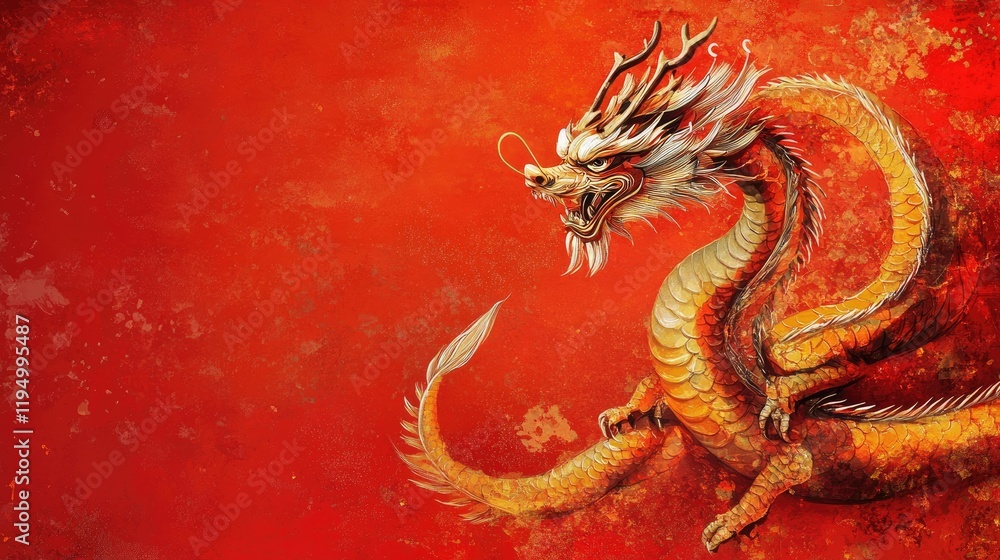 Obraz premium A majestic Chinese dragon zodiac illustration on a red background, symbolizing the Chinese New Year, with plenty of copy space for festive messages.