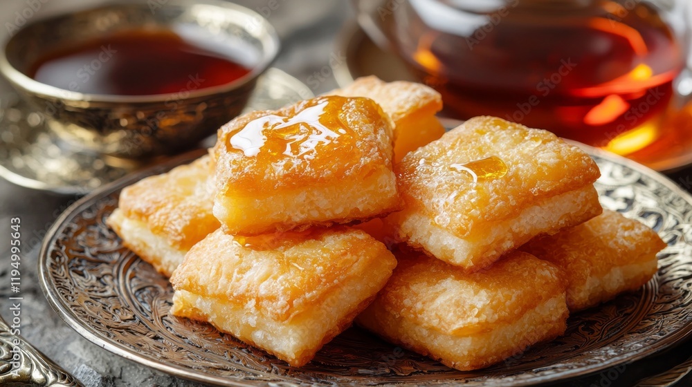 Fried dough pieces known as baursak are elegantly arranged on a decorative plate, complemented by steaming tea. The rustic setting reflects Kazakh traditions, perfect for warm gatherings Fried dough pieces known as baursak are elegantly arranged on a decorative plate, complemented by steaming tea. The rustic setting reflects Kazakh traditions, perfect for warm gatherings
