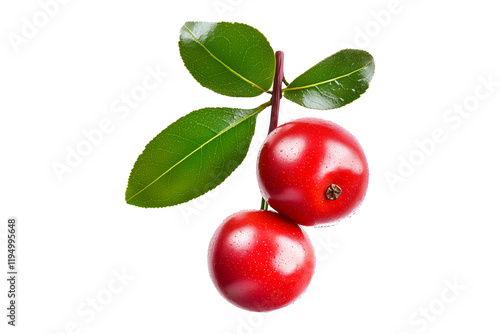 Fresh red guava berries or camu camu with green leaves isolated on white transparent background. Concept of healthy food. photo