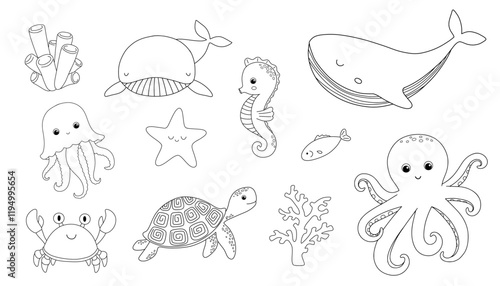 Outline sea animals set for children. Vector line nautical illustration for coloring book, whale, seahorse,octopus and jellyfish