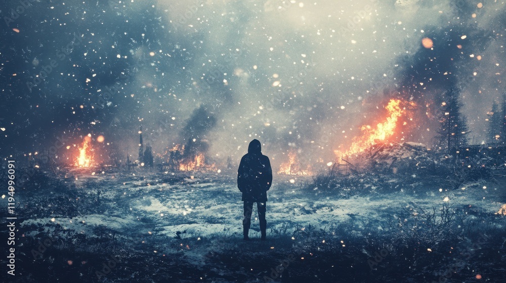 Man gazes at a war torn city in flames, capturing the essence of hopelessness and despair
Man gazes at a war torn city in flames, capturing the essence of hopelessness and despair