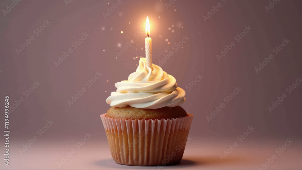 Delicious cupcake topped with frosting and candle glowing softly in dim light during celebration
