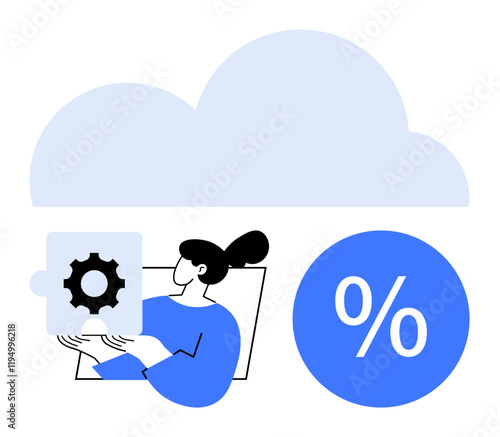 Woman holding a gear puzzle piece below a cloud icon, accompanied by a percentage symbol. Ideal for cloud computing, technology integration, data analysis, digital transformation, SaaS, IT solutions