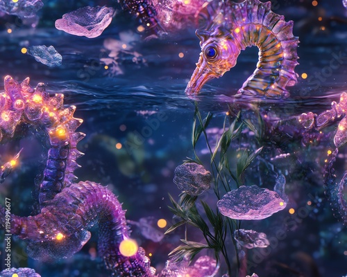 Whimsical seahorses gracefully swim amidst a vibrant, pastel underwater world.  Seaweed, coral, and dreamy colors create a magical scene. photo