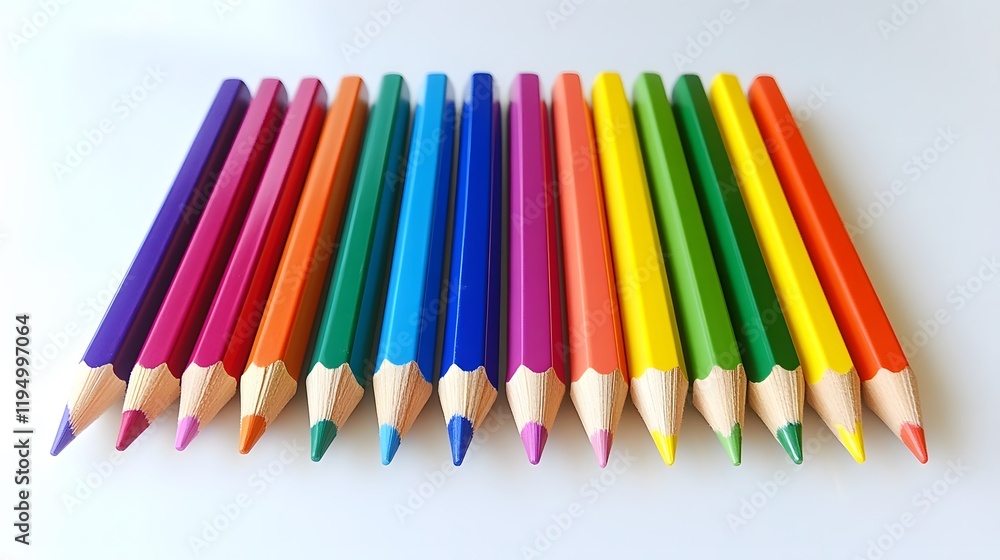 Vibrant colored pencils arranged in a row, bright colors on a white background, ideal for art projects and creative designs. Vibrant colored pencils arranged in a row, bright colors on a white background, ideal for art projects and creative designs.