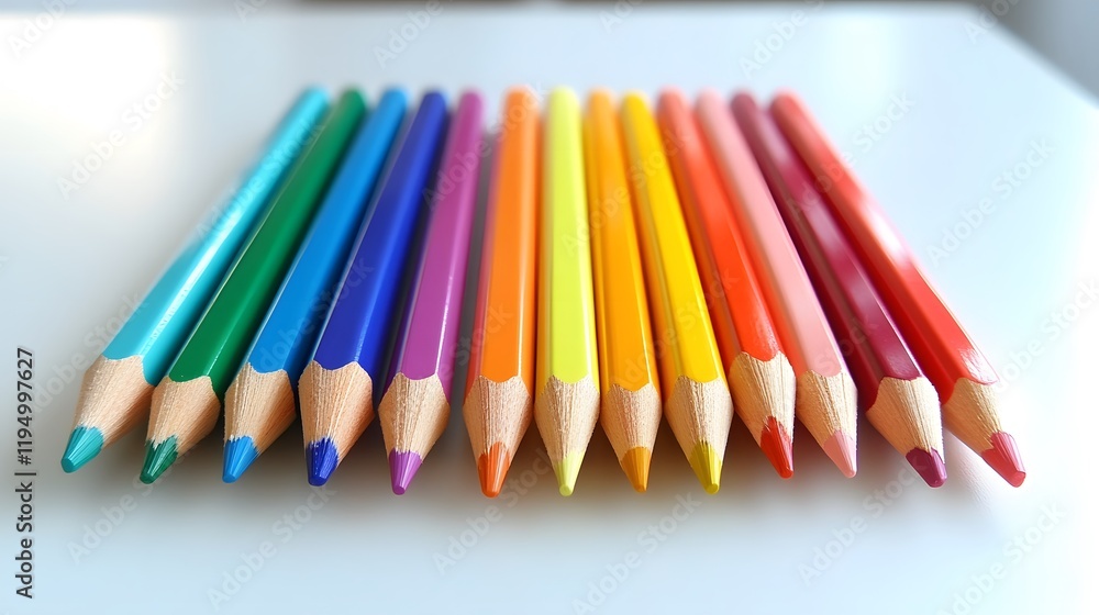Colorful drawing pencils arranged in a neat line, vibrant shades, perfect for art projects or educational settings. Colorful drawing pencils arranged in a neat line, vibrant shades, perfect for art projects or educational settings.