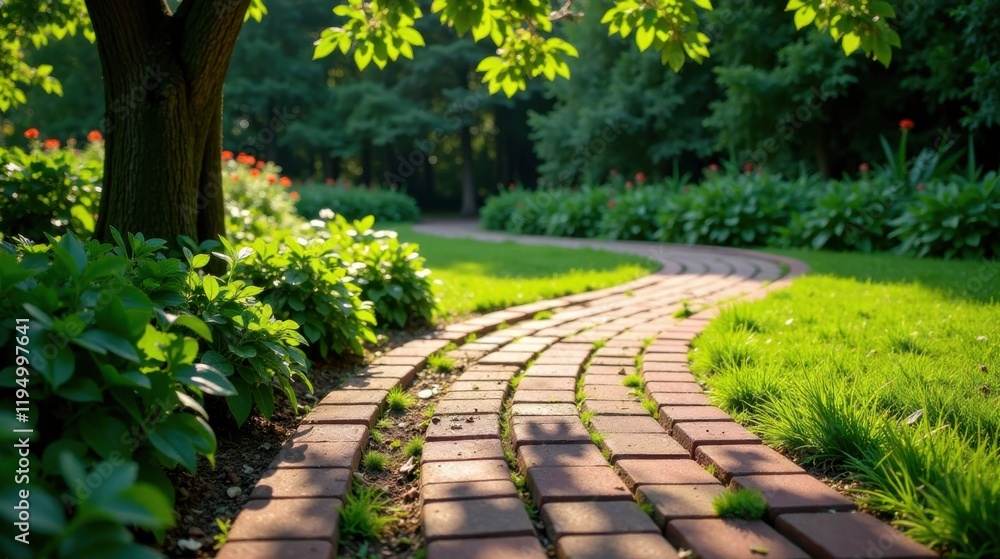 Obraz premium Serene Brick Pathway Winding Through Lush Greenery in a Tranquil Garden Setting