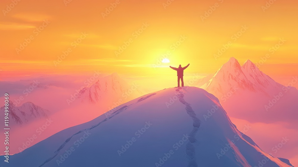 Triumphant Silhouette: A lone figure stands on a mountain peak, arms raised in victory as the sun sets behind them, casting a breathtaking, colorful sky.
Triumphant Silhouette: A lone figure stands on a mountain peak, arms raised in victory as the sun sets behind them, casting a breathtaking, colorful sky.