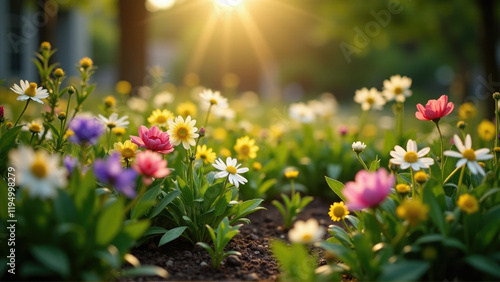 Colorful flowers bloom in a vibrant garden at sunset, showcasing nature's beauty and tranquility in a serene setting