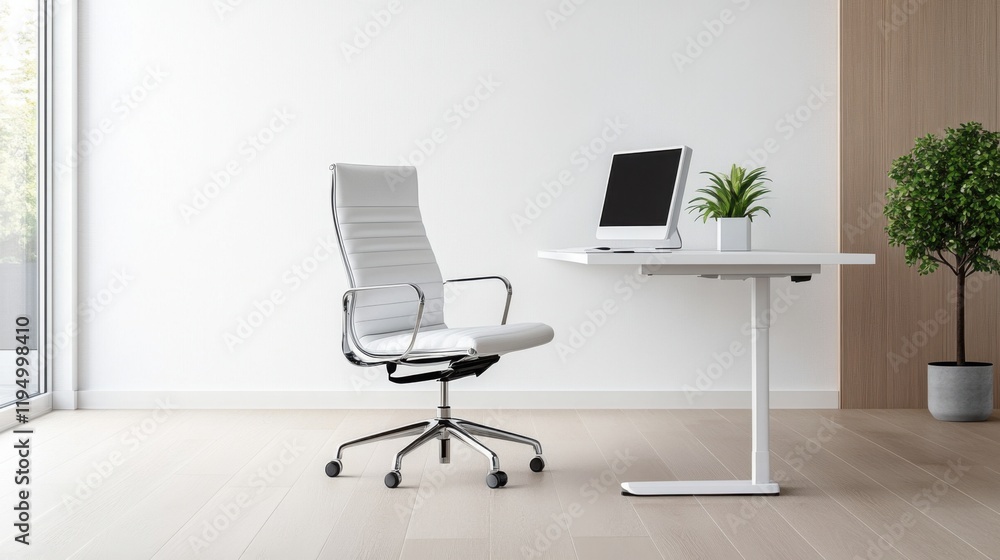 Fototapeta premium Modern Minimalist Office Setup with Ergonomic Chair and Computer in Bright Space