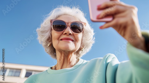 elderly woman in a sweatshirt and sunglasses taking selfie photo