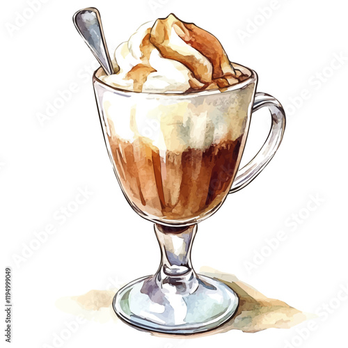 A watercolor vector painting of an Affogato, isolated on a white background. Affogato vector.

