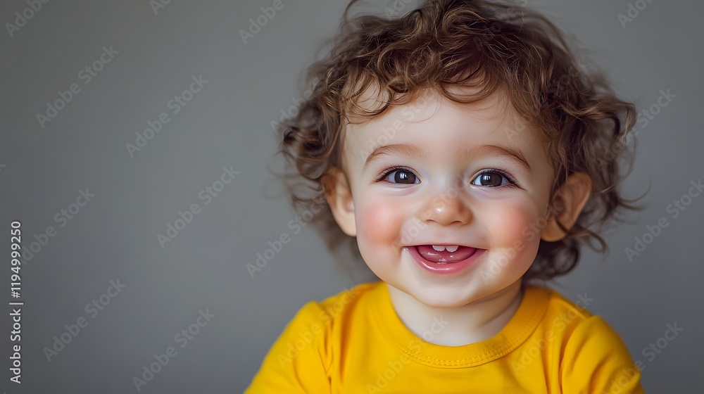Naklejka premium Smiling toddler with curly hair enjoys playful moment indoors in bright yellow shirt