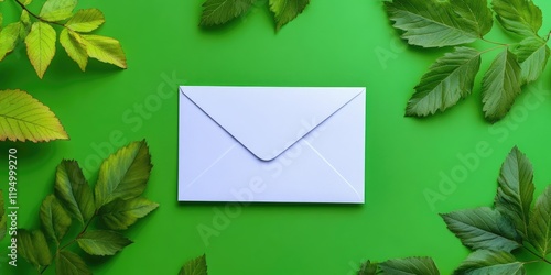 White envelope centered on vibrant UFO green background surrounded by green rowan leaves in a minimal duotone pop art style with ample copy space photo