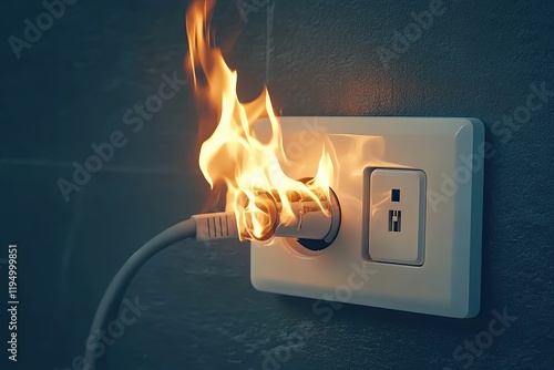 Burnt electric plug socket with smoke and fire flames