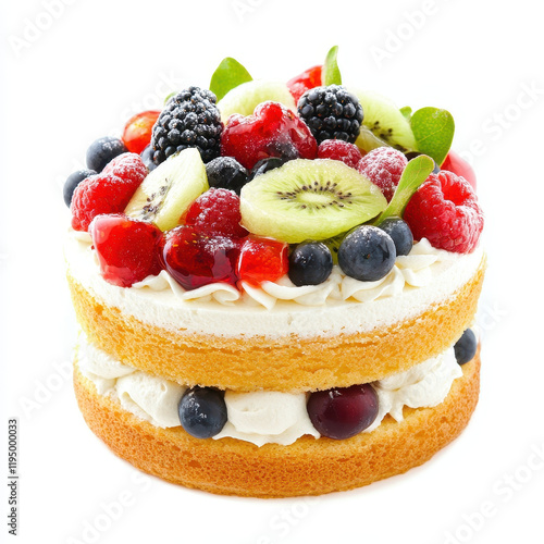 vibrant sponge cake topped with fresh fruits like berries and kiwi, showcasing delightful colors and textures. Perfect for celebrations photo