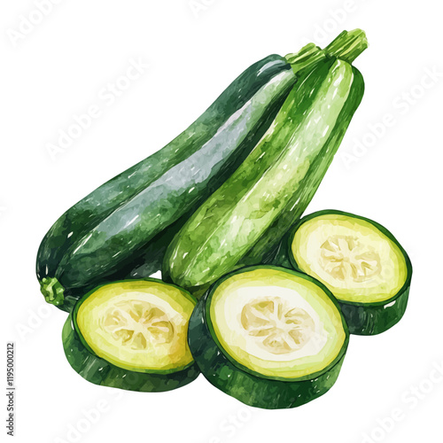 A watercolor of a zucchini, isolated on a white background. Zucchini vector.
