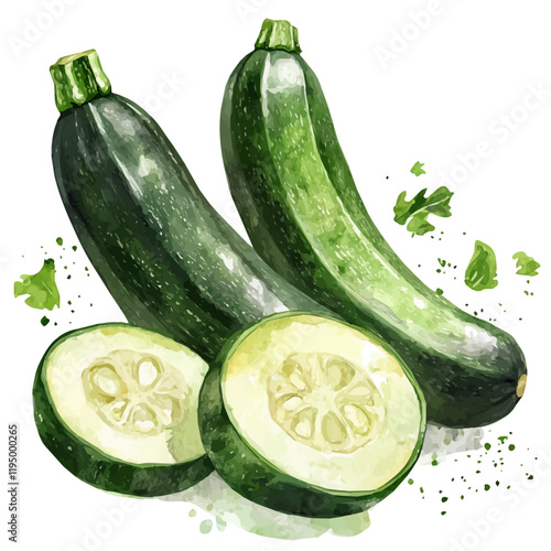 A watercolor of a zucchini, isolated on a white background. Zucchini vector.
