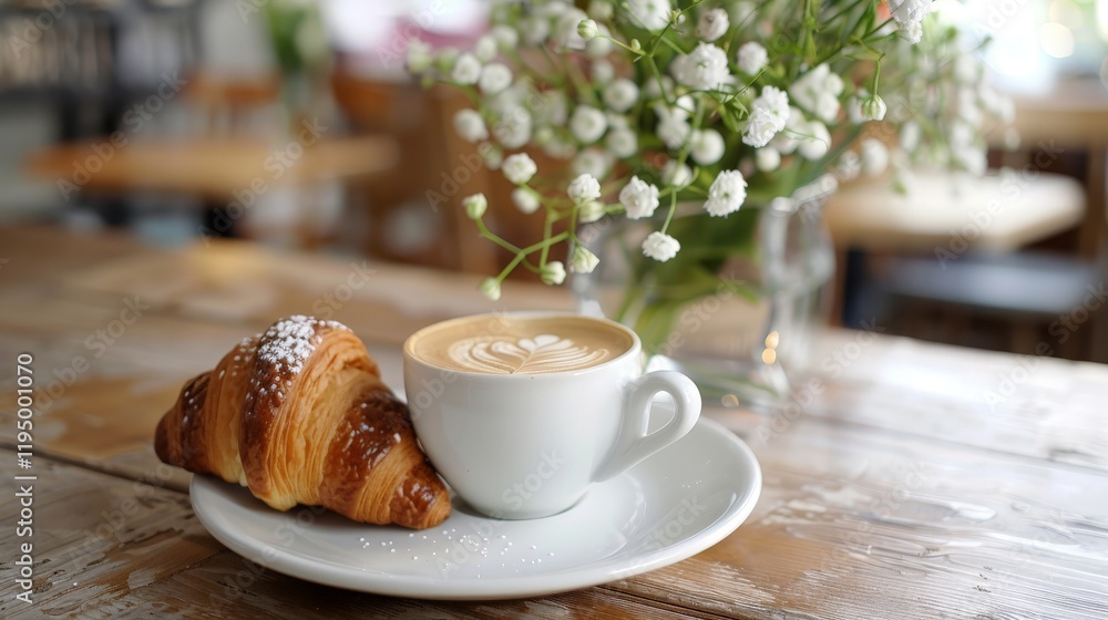 Coffee with a croissant on a breakfast table Coffee with a croissant on a breakfast table