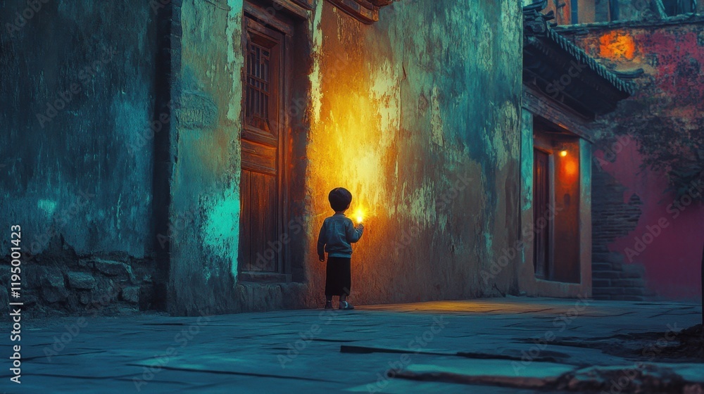 Obraz premium Silhouette of a kid Standing in a Digital Art Installation 