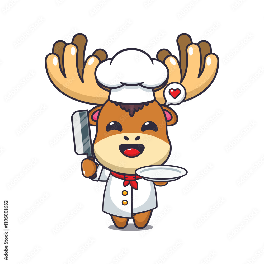 chef moose mascot cartoon character with knife and plate. chef moose mascot cartoon character with knife and plate.