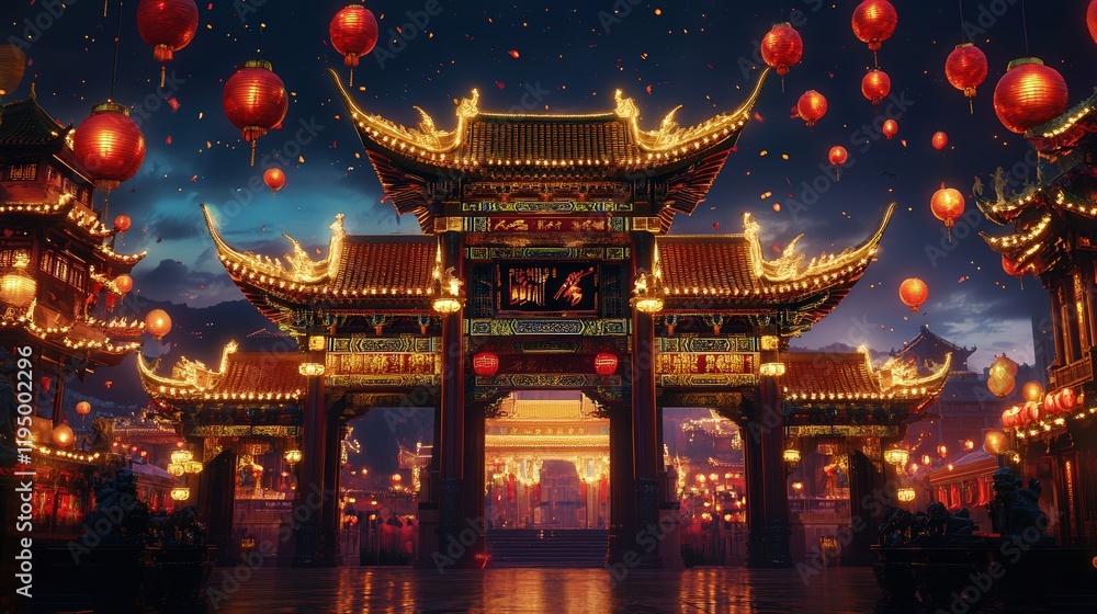 A grand Chinese temple gate illuminated by bright lanterns and adorned with gold and red decorations for Chinese New Year. A grand Chinese temple gate illuminated by bright lanterns and adorned with gold and red decorations for Chinese New Year.