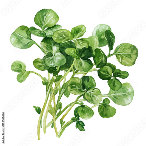 A watercolor clipart of Watercress, isolated on a white background. Watercress vector.
