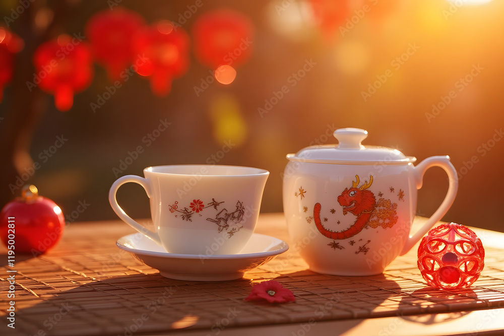 Porcelain tea set with traditional Chinese motifs on a bamboo mat with red decorations Porcelain tea set with traditional Chinese motifs on a bamboo mat with red decorations
