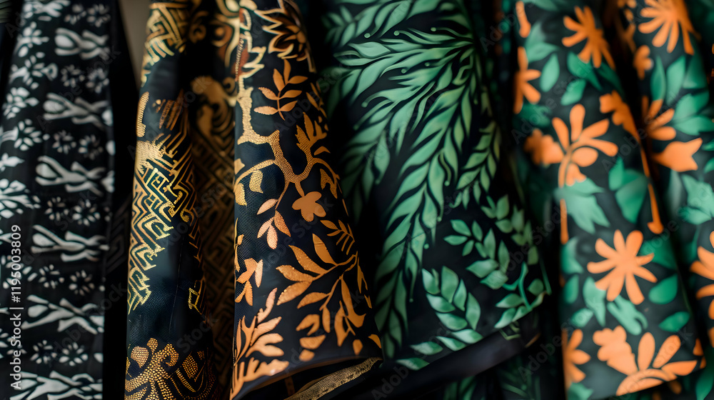 Vibrant fabrics with intricate patterns in green, orange, and black hues. Vibrant fabrics with intricate patterns in green, orange, and black hues.