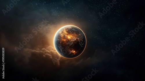 Stunning Night View of Earth Surrounded by Celestial Elements and Glowing Atmosphere in Space with Stars