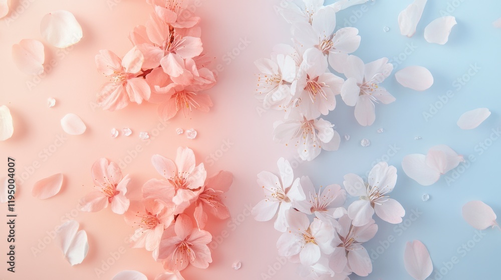 A minimalist and elegant design featuring flowers against a pastel gradient background of peach, light pink, and sky blue. The cherry blossoms are painted with delicate detail, their petals fluttering A minimalist and elegant design featuring flowers against a pastel gradient background of peach, light pink, and sky blue. The cherry blossoms are painted with delicate detail, their petals fluttering