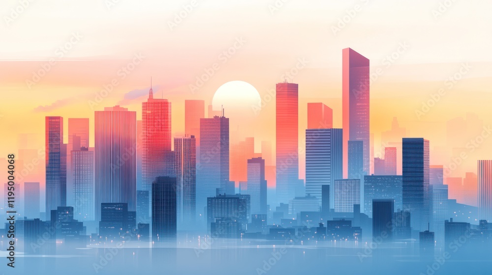 Fototapeta premium Vibrant city skyline at sunrise, hazy cityscape.