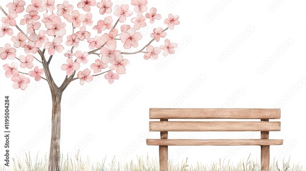 Peaceful Spring Scene with Cherry Blossom Tree and Wooden Bench on White Background for Serenity and Relaxation Peaceful Spring Scene with Cherry Blossom Tree and Wooden Bench on White Background for Serenity and Relaxation