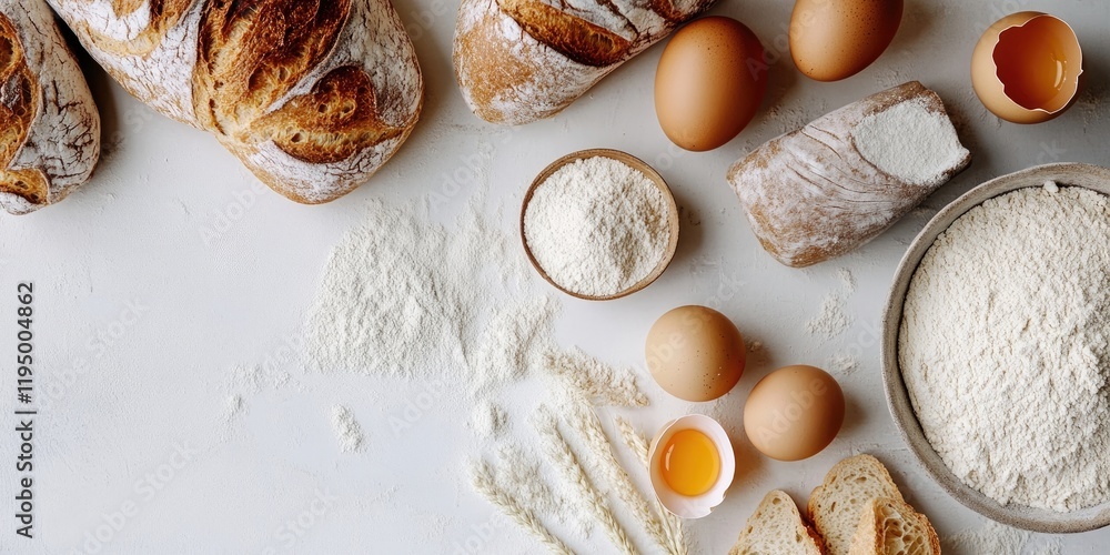 Baking essentials on a white surface featuring loaves of bread, eggs, flour in bowls, and scattered flour with a rustic feel and warm tones Baking essentials on a white surface featuring loaves of bread, eggs, flour in bowls, and scattered flour with a rustic feel and warm tones