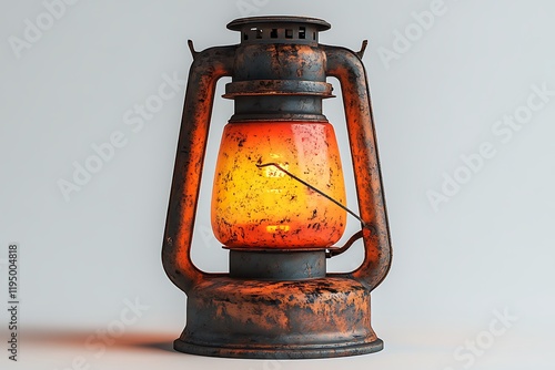 A rusty old kerosene lantern glows warmly photo