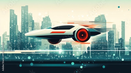 Futuristic flying car speeding over city skyline. photo