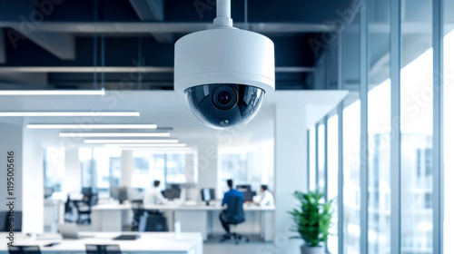 A modern office space featuring a ceiling-mounted security camera overlooking workstations and natural light-filled areas.