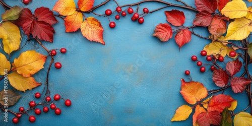 Vibrant autumn foliage with red and yellow leaves and red viburnum berries on a blue background creating a colorful border and ample negative space photo