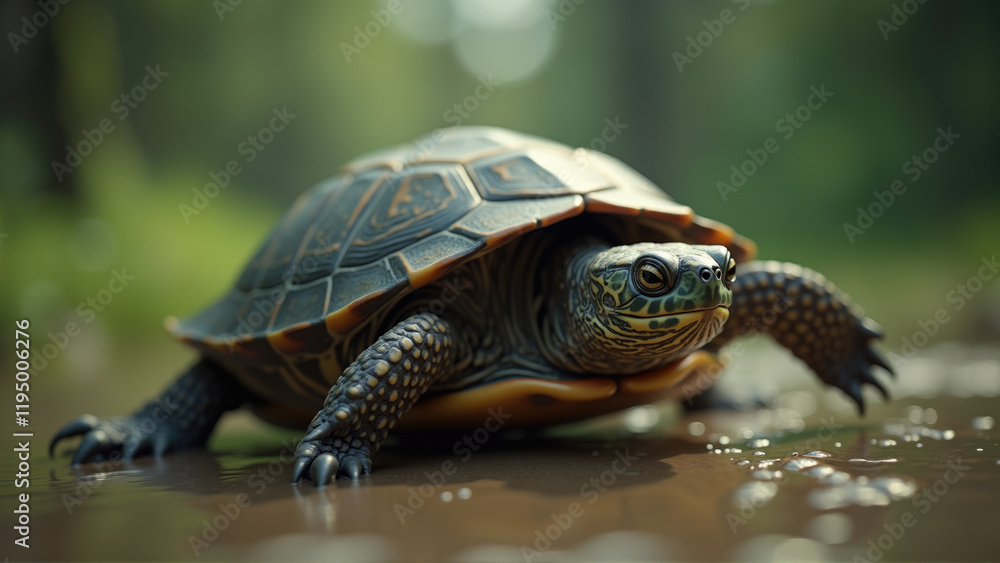 Turtle exploring a tranquil forest stream on a sunny afternoon in a natural habitat setting Turtle exploring a tranquil forest stream on a sunny afternoon in a natural habitat setting