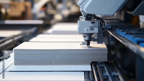A robot handling automated book binding in a sleek, high-tech printing press with clean, organized binding stations and advanced bookbinding machinery