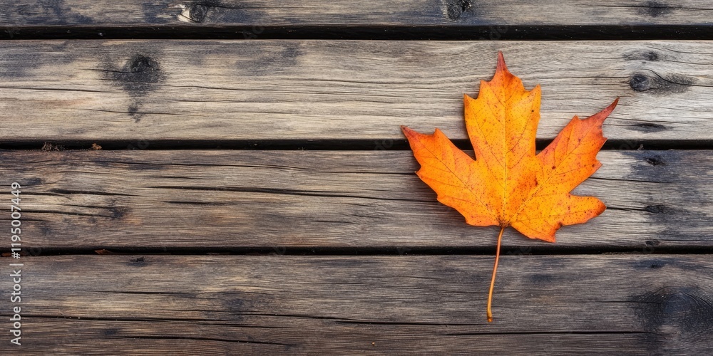 Orange autumn leaf positioned on weathered wooden boards with rich brown tones creating a warm and rustic fall atmosphere in natural light. Orange autumn leaf positioned on weathered wooden boards with rich brown tones creating a warm and rustic fall atmosphere in natural light.