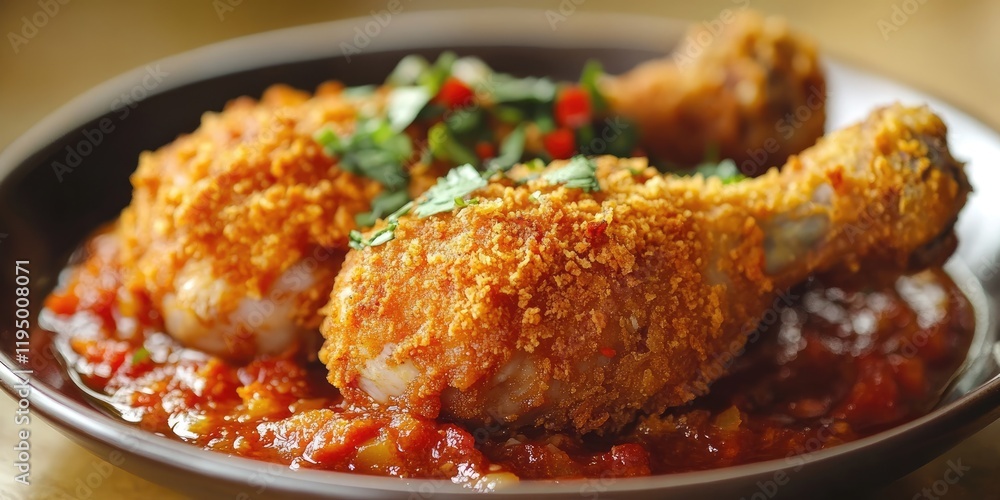 Crispy chicken drumsticks coated in golden breadcrumbs served on a plate with vibrant tomato sauce and garnished with fresh herbs and chili slices Crispy chicken drumsticks coated in golden breadcrumbs served on a plate with vibrant tomato sauce and garnished with fresh herbs and chili slices