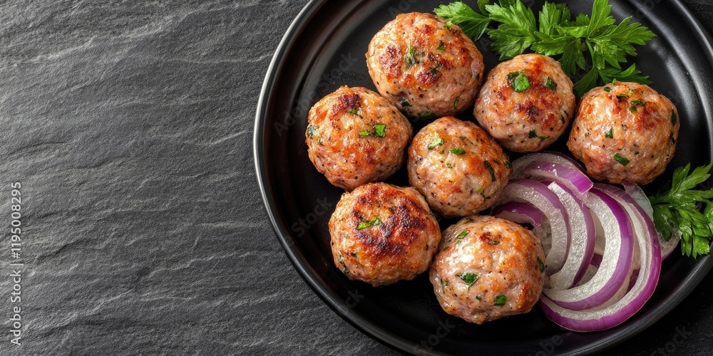 Baked meatballs with herbs on a black plate alongside red onion slices arranged to the left with ample empty space in a top-down view Baked meatballs with herbs on a black plate alongside red onion slices arranged to the left with ample empty space in a top-down view