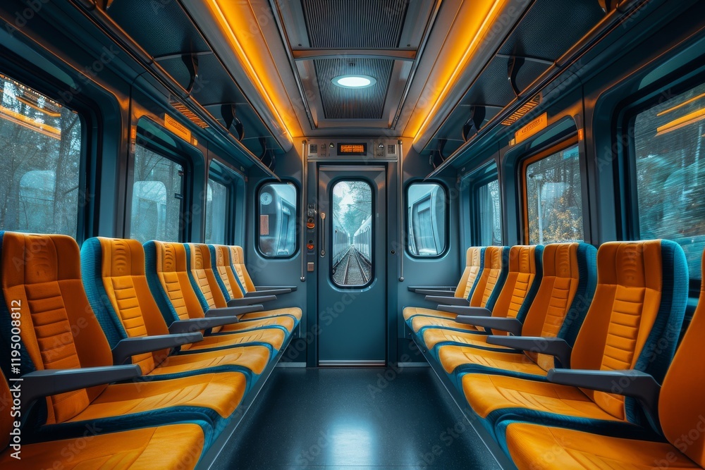 Fototapeta premium Empty train carriage during early morning commute with vibrant orange seating and modern design