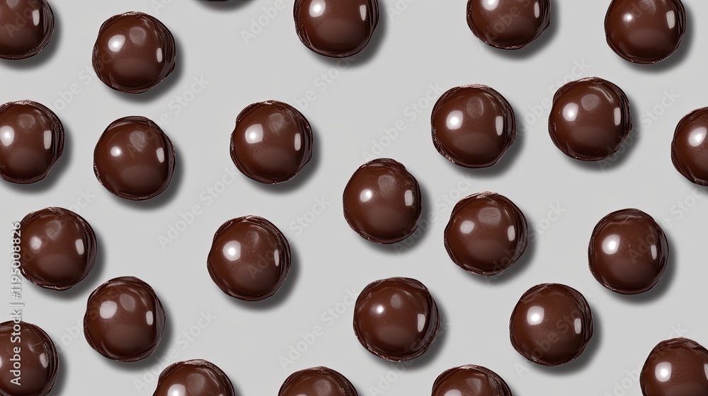 Fototapeta premium A collection of glossy chocolate bonbons scattered on a clean, seamless grey background.
