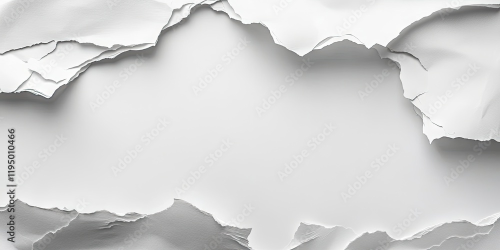 Textured white torn paper background with uneven edges framing a central blank space for design elements, creating depth and dimension. Textured white torn paper background with uneven edges framing a central blank space for design elements, creating depth and dimension.